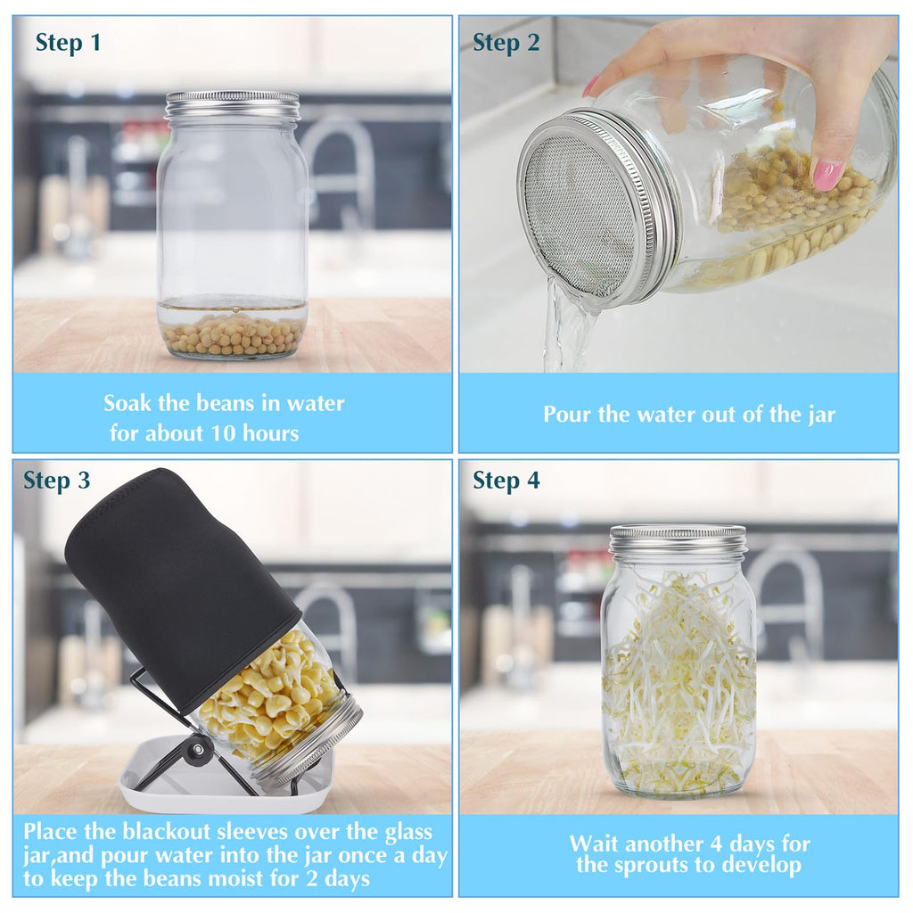 Toowood 2Pack Sprouting Kit,1000ml Sprouting Jar with Mesh Lids and Stands, Microgreens Sprouts Growing Kit, Broccoli Sprouts Seeds Sprouting Jars with Screen Lids,Blackout Sleeves, Tray
