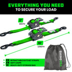 Rhino USA Retractable Ratchet Straps (2-Pack) - 2 Inch x 10 Feet (3,033lb Break Strength) - Heavy Duty Auto Self Retracting Tie Down Straps for Truck, Cargo Trailer, Motorcycle, Rad & More - Green