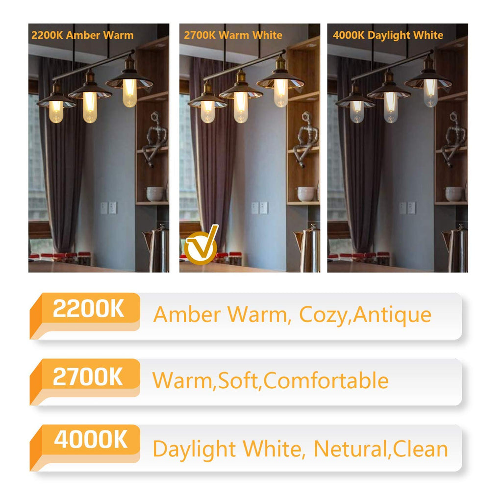 T10 Edison LED Tube Bulbs - Warm White, 2700K, Dimmable - Vintage Style, 4W Equivalent to 40W Incandescent, E26 Base, 3 Pack for Pendant Lights & Desk Lamps