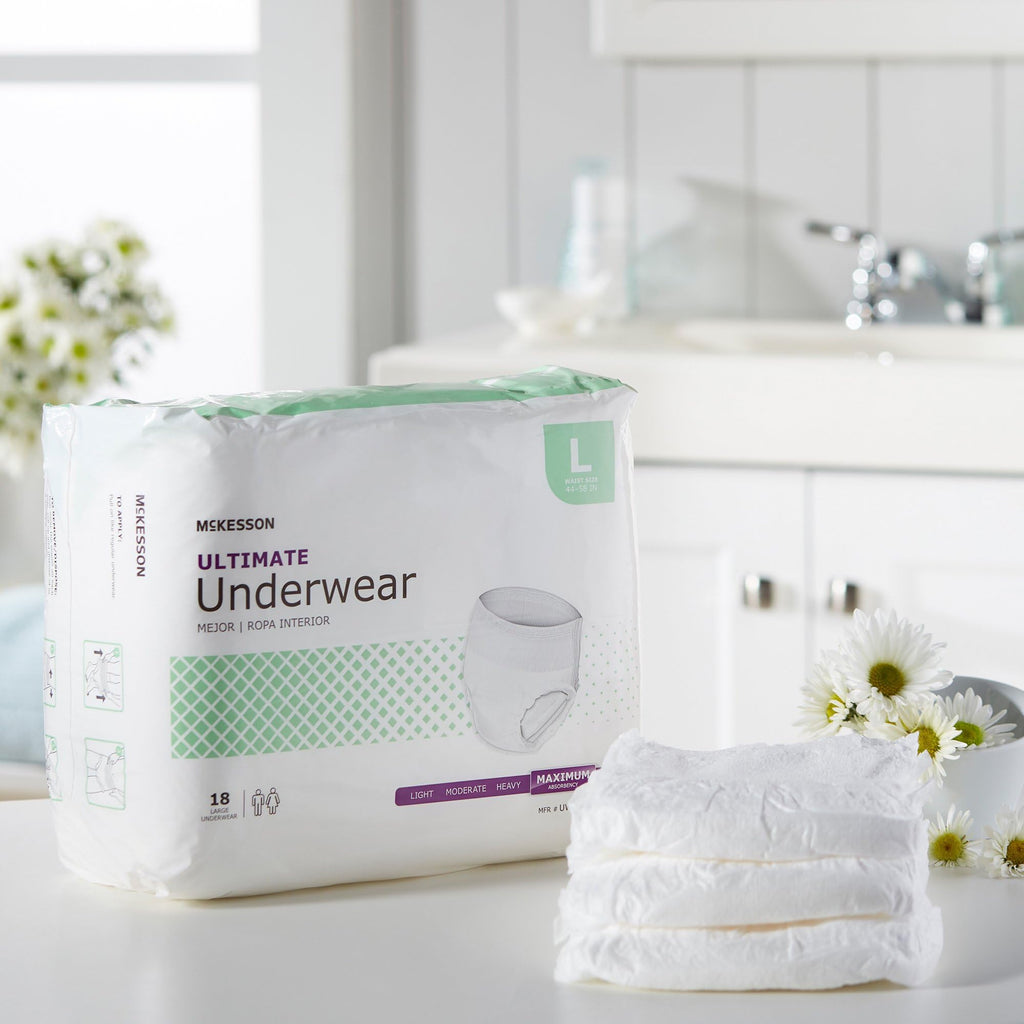 McKesson Ultimate Adult Incontinence Underwear, [72 Count], Large, 44-58 in. Maximum Absorbency, Unisex Bladder Leak Protection, Pull-On Style with Tear-Away Sides, Postpartum and Incontinence