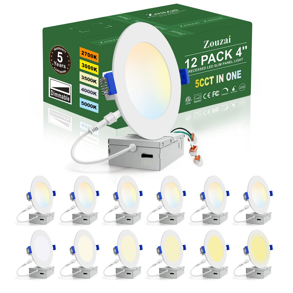 zouzai 12 Pack 4 Inch LED Recessed Ceiling Light, 9W=60W, 5CCT, Dimmable