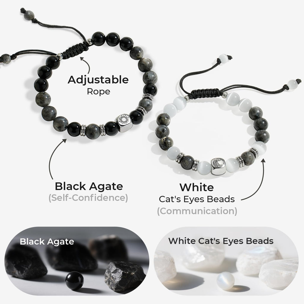 Elegant Beaded Bracelets - Natural Stone & Stainless Steel Healing Energy Jewelry for Couple Lover, Adjustable Sun and Moon Non-Smart Bracelet Set with Positive Meaning, Perfect Friendship Gifts