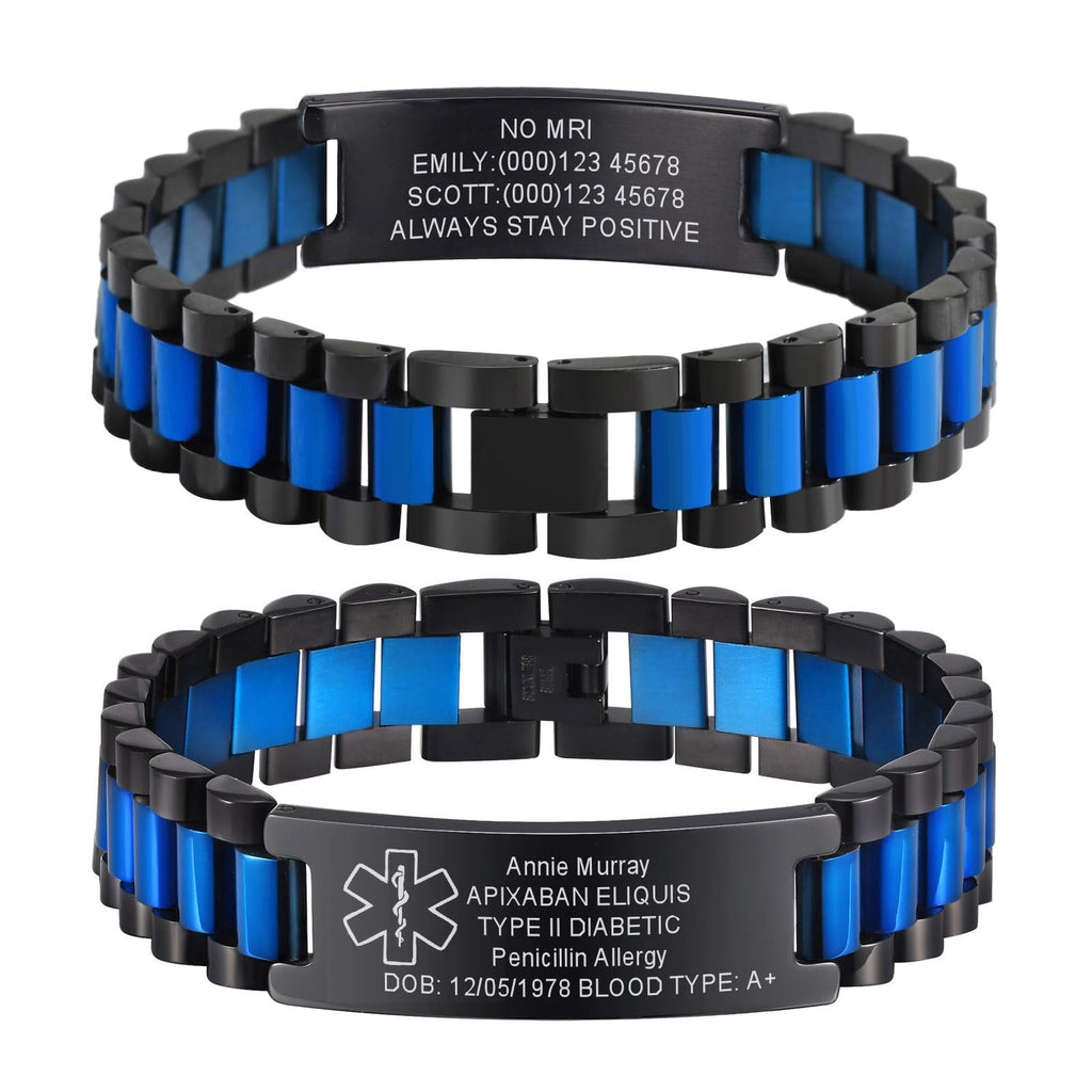Medical ID Bracelet for Men: Free Engraving Black and Blue Stainless Steel Masculine Watch Band Style Medical Alert Wristband Personalized Medic ID Bracelet Jewelry