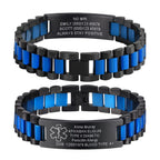Medical ID Bracelet for Men: Free Engraving Black and Blue Stainless Steel Masculine Watch Band Style Medical Alert Wristband Personalized Medic ID Bracelet Jewelry