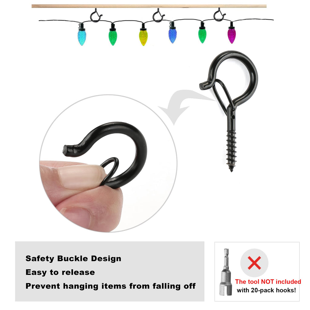 PlusRoc 20 Pack Screw Hooks for Hanging Plants Outdoor Lights(Black)