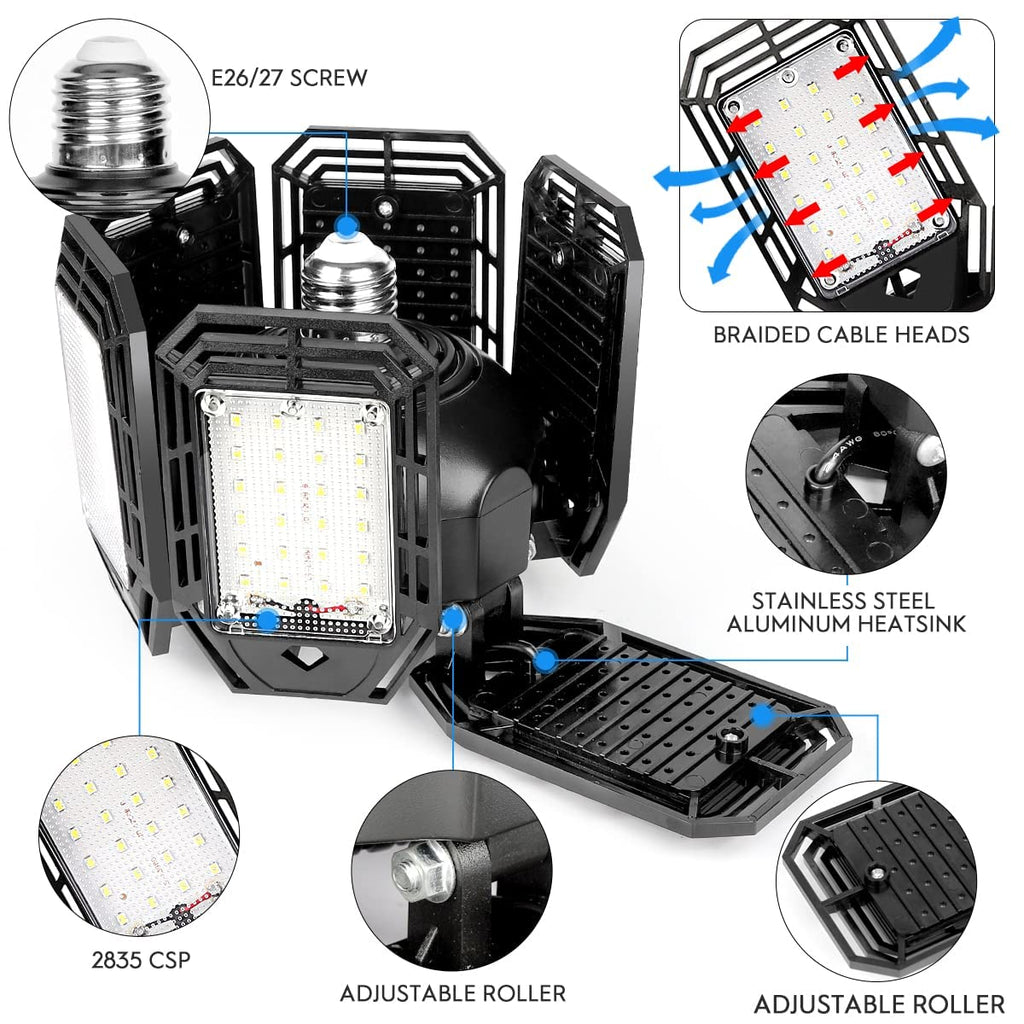 Luyata 4 Pack LED Garage Lights 200W Deformable 20000LM Close to Ceiling Light Fixtures 6500K Ultra Bright LED Shop Light with 6 Adjustable Panels for Work Shop Warehouse Attic