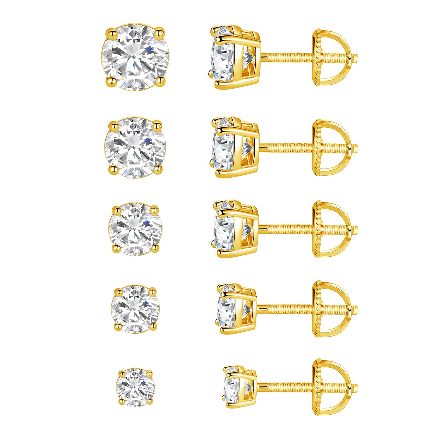 MDFUN Screw Back Stud Earrings for Women Men, 5 Pairs 3-7MM