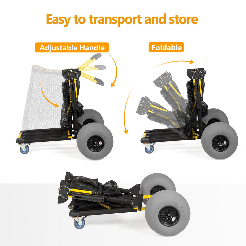 Bonnlo Beach Cart with 12" Big Balloon Wheels for Sand, Foldable 2-in-1 Beach Buggy Cart Fishing Cart with Large Cargo Deck, Fishing Rods Holder, Water Bottle Holder, 2 Mesh Bag, Hand Pump