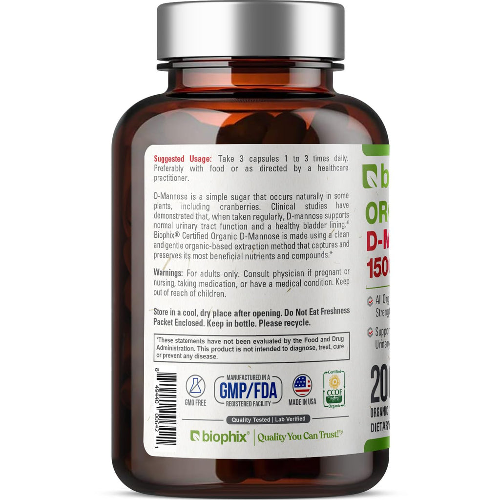 biophix D-Mannose USDA Organic 1500 mg 200 Veggie Caps - Supports a Healthy Bladder Urinary Tract, Non-GMO, Vegan-Friendly