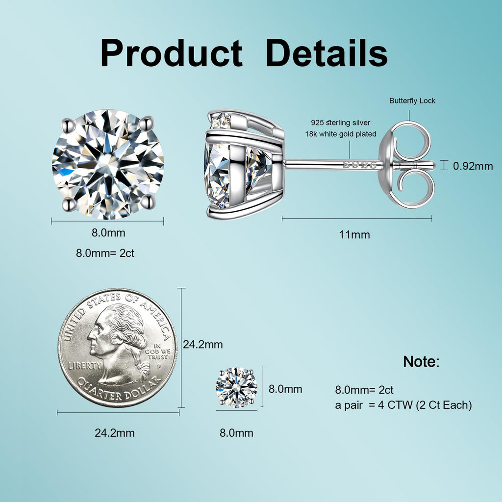 Moissanite Stud Earrings, Round Cut D Color VVS1 Clarity Lab Created Moissanite Earrings Studs 18K White Gold Plated 925 Sterling Silver Jewelry for Women Men (Silver 4 Prong, 4 CTW (2 Ct Each))