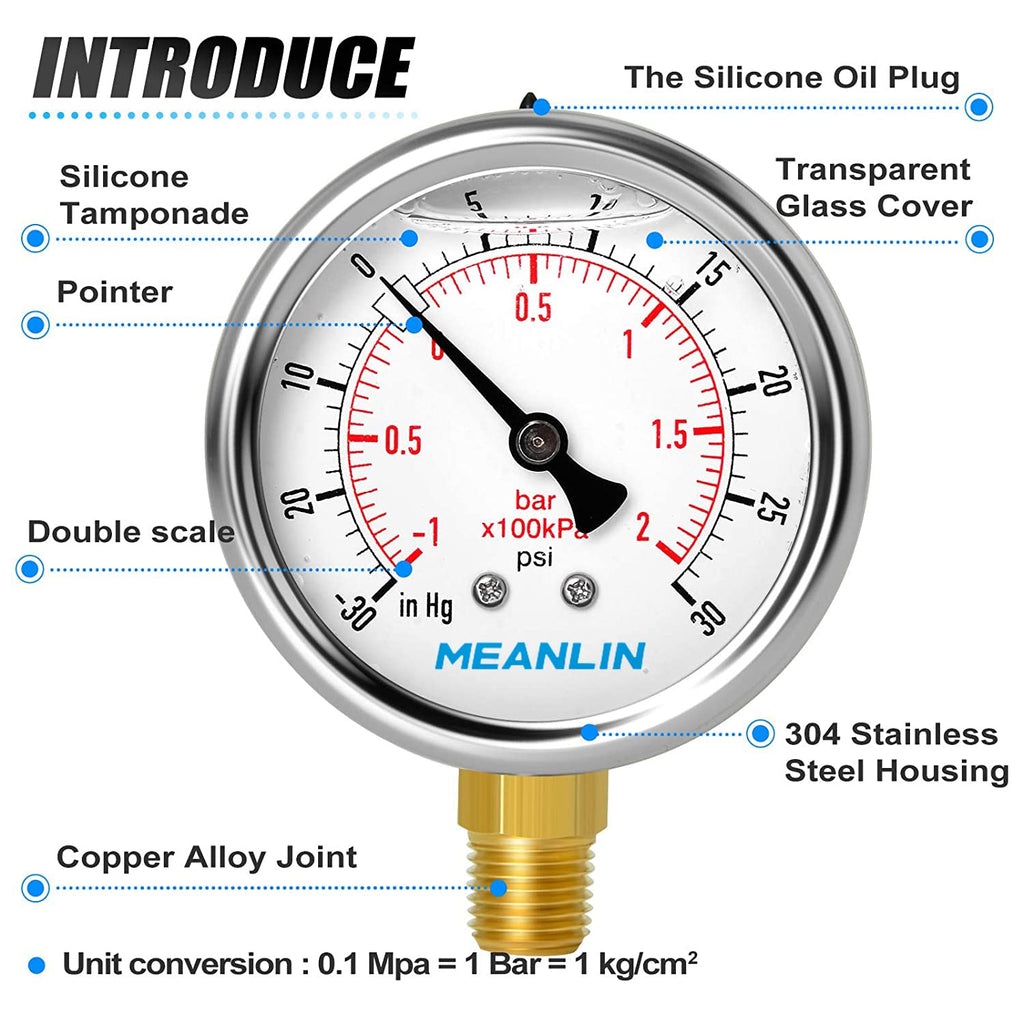 MEANLIN MEASURE -30inHG~30Psi Stainless Steel 1/4" NPT 2.5" FACE DIAL Vacuum Pressure Gauge, Lower Mount (Pack of 2), with 1/2" NPT and 3/8" NPT Hex Bushing