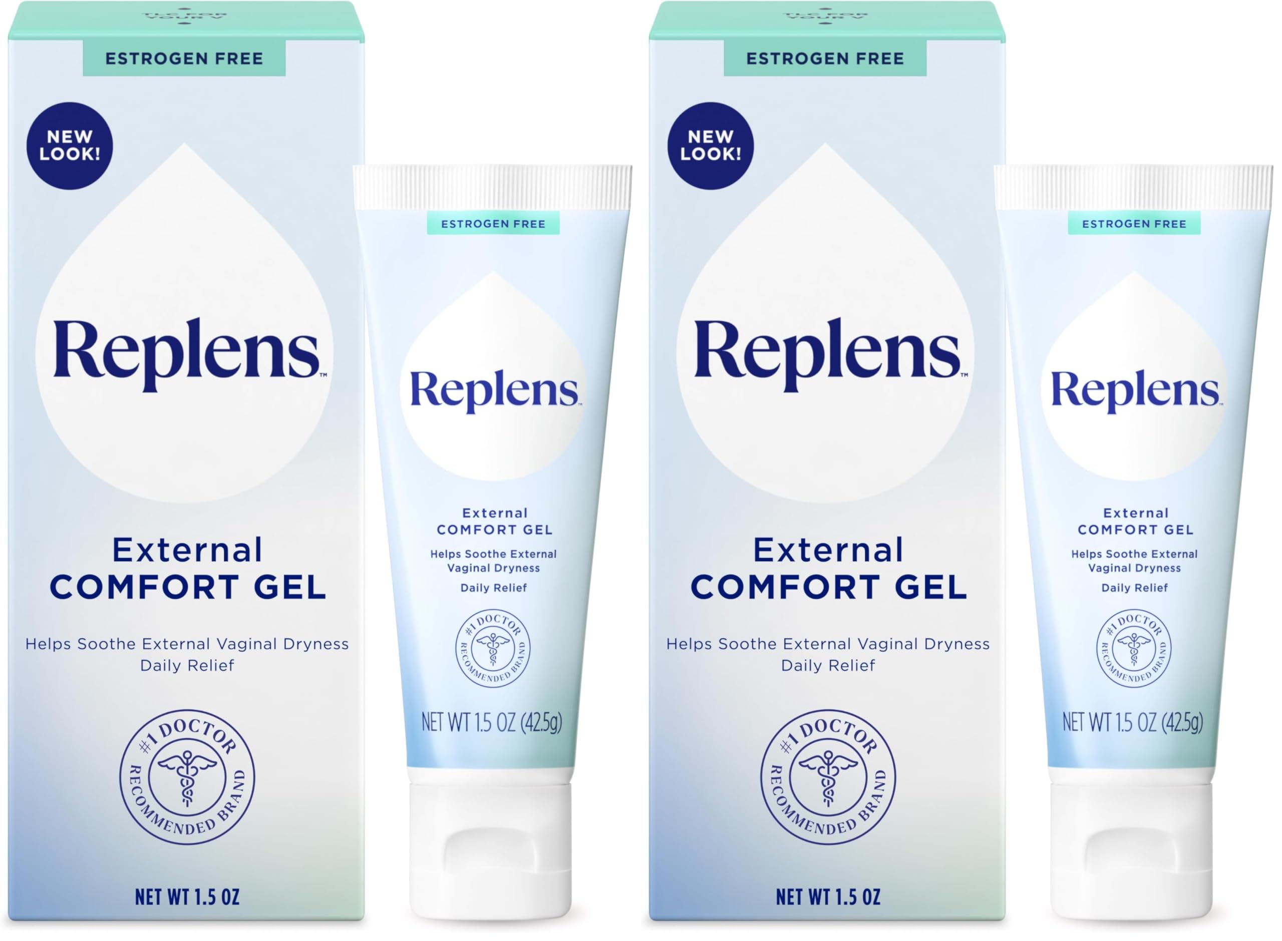 Replens External Comfort Gel for Vaginal Dryness, Fragrance Free Daily Comfort Gel, Hormone-Free, 1.5 oz (Pack of 2)