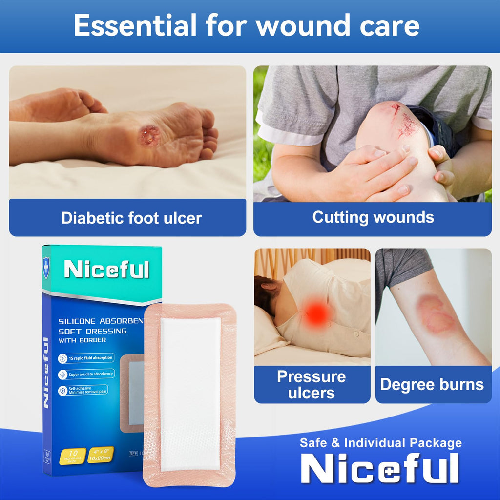 Niceful Silicone Super Absorbent Wound Dressing - 4"×8" Large Absorbant Bandages with Adhesive Borders, FSA HSA Eligible, Wound Care Dressings for Bed Sores Leg Ulcers