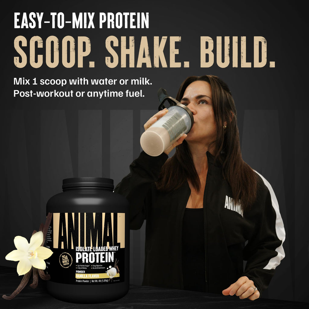 Animal Whey Isolate Protein Powder - Loaded for Pre & Post Workout Muscle Builder and Recovery with Digestive Enzymes for Men & Women - 25g Protein, Great Taste, Low Sugar - Vanilla 4 lbs