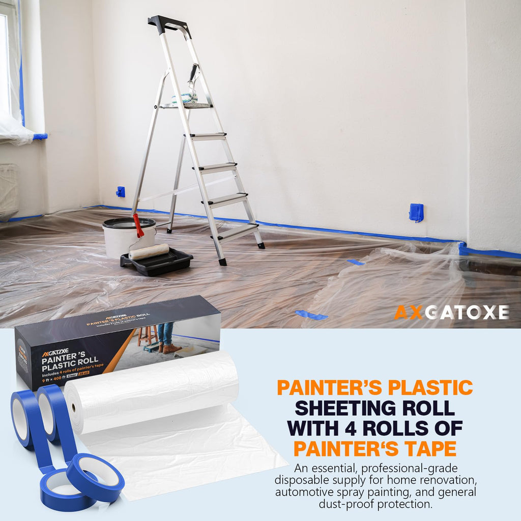Plastic Drop Cloths, 400' Length x 9' Width Painter's Plastic Film with 4 Rolls Painter's Tape - Disposable Painter's Sheeting & Tarps for Painting, Waterproof Furniture/Couch/Floor Protection