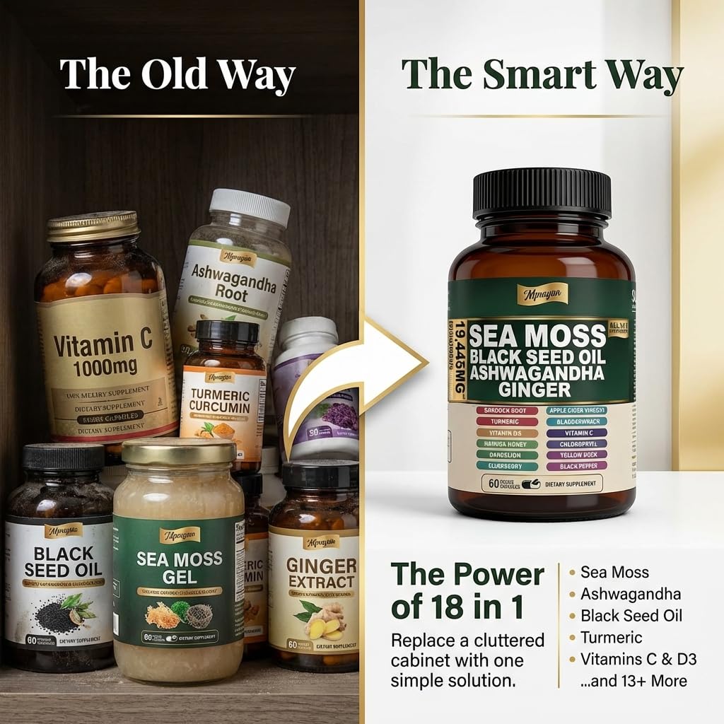MPRAYAN Sea Moss Black Seed Oil Ashwagandha Capsules - 10:1 Extract Blend 60ct