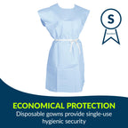 Avalon 813 Patient Gowns, Blue (Pack of 50) ― Tissue/Poly/Tissue ― Open-Back, Waist-Tie, Short-Sleeve Medical Gowns ― Disposable Exam Gowns ― Standard Size 30” x 42” ― Latex-Free Medical Supplies