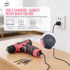 Hi-Spec Pink Tool Set with 8V Drill Set. Complete Cordless & Rechargeable USB Electric Drill Driver Kit for Women, Home DIY Repair & Maintenance, in a Compact Toolbox.