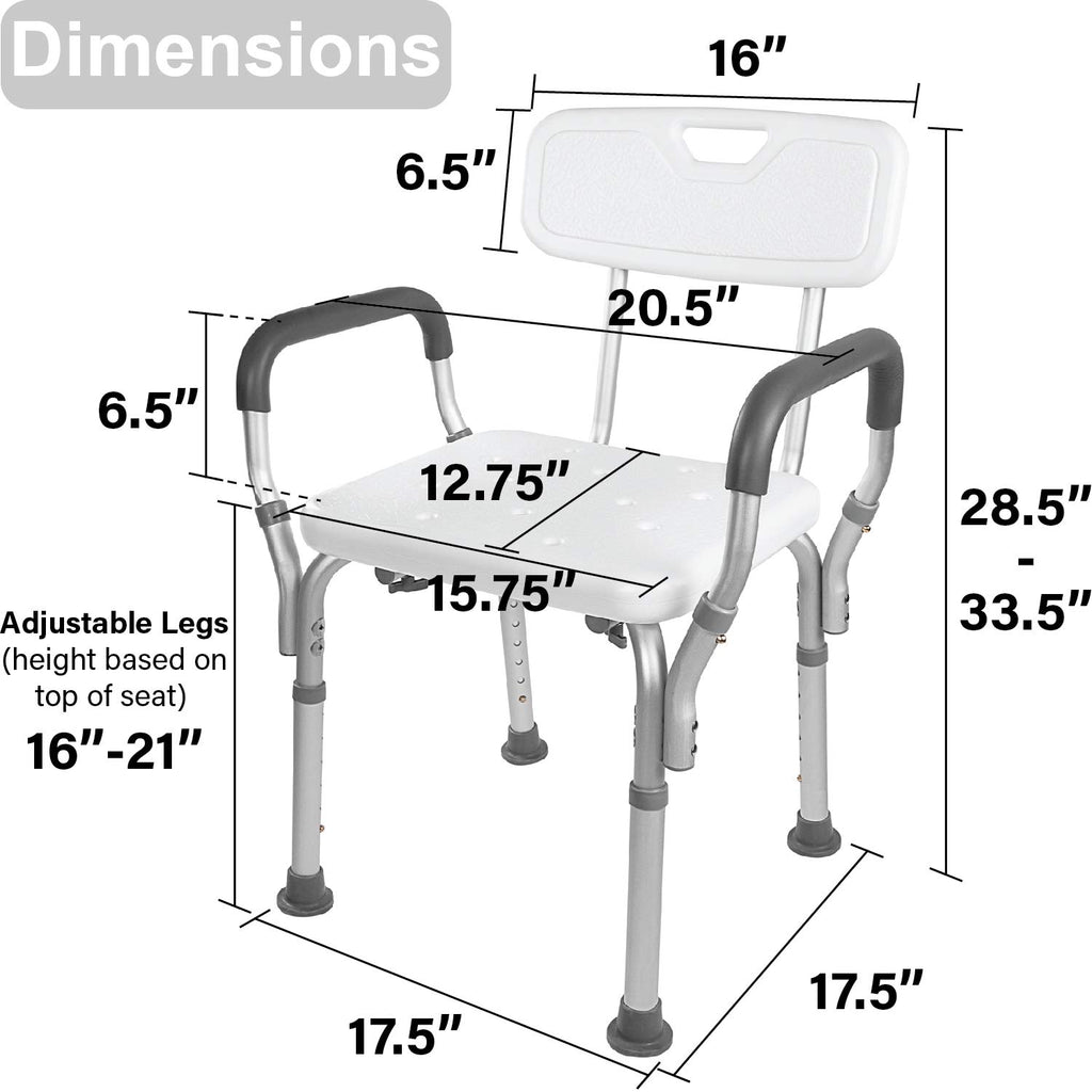 Vaunn Medical Deluxe Spa Shower Chair with Arms and Back, Bath Seat for Seniors, 350 lbs Max Weight, White With Light Gray Arms
