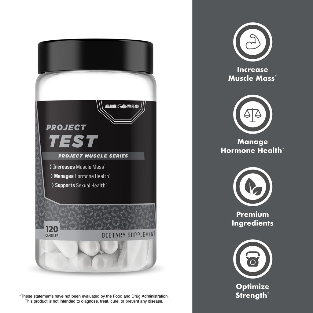 Anabolic Warfare Project Test, Support Muscle Mass & Strength*, Manage Hormone Health*, Support Sexual Health*, Made with Botanicals