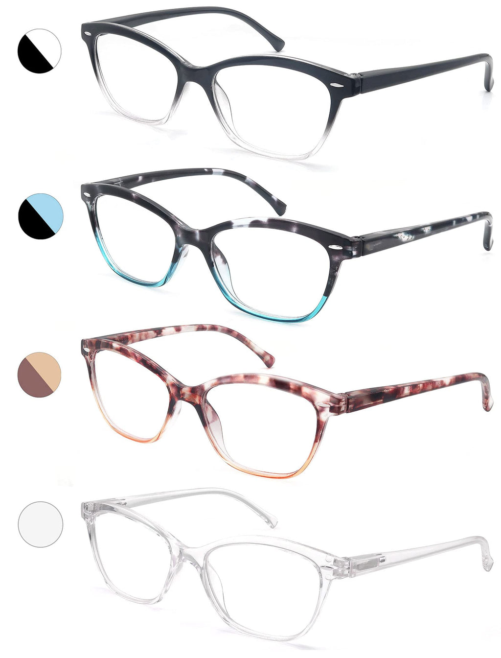 MODFANS Women Reading Glasses 1.5 4 Pair Stylish Ladies Readers with Comfort Spring Hinge Pattern Design Pouch Included