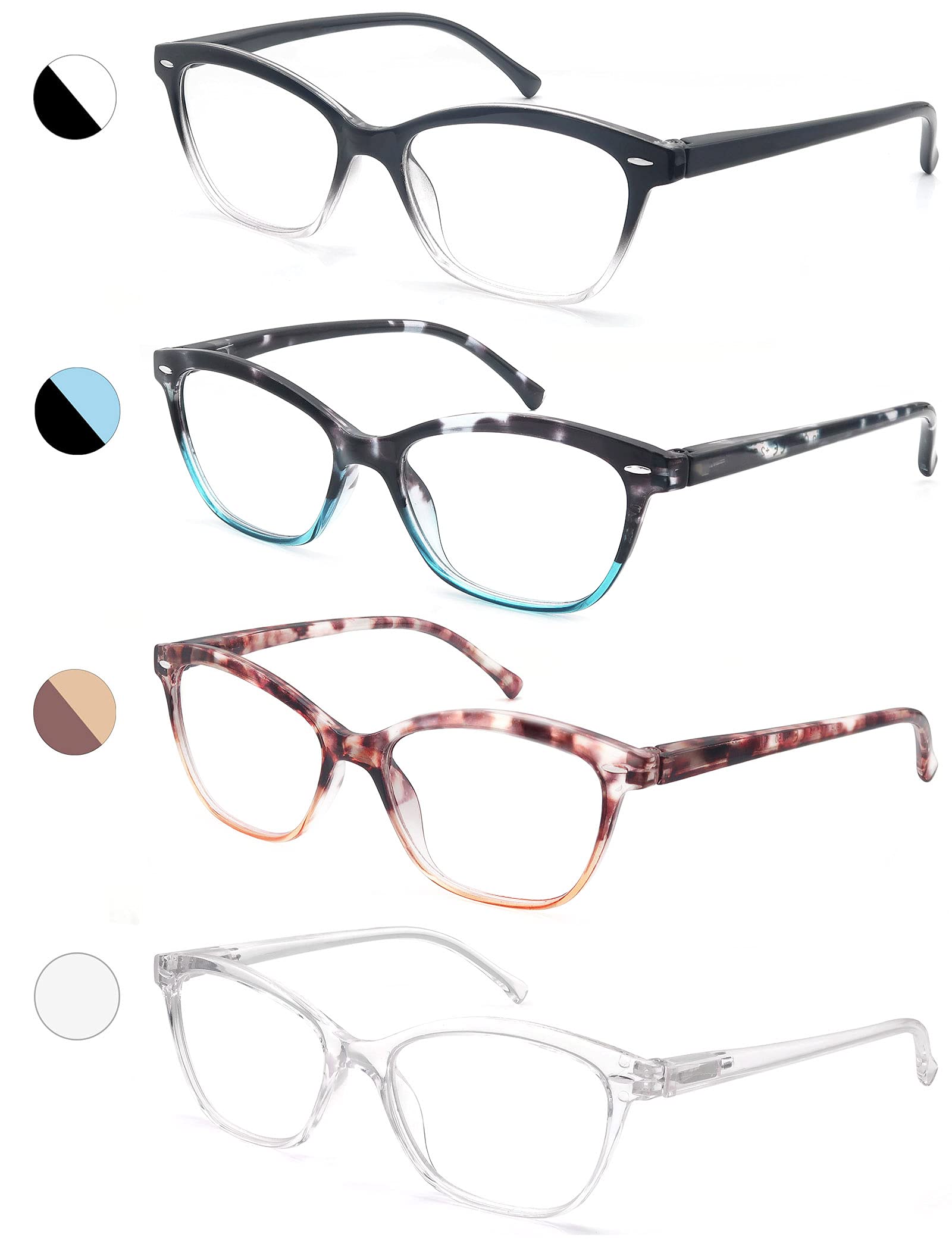 MODFANS Women Reading Glasses 1.5 4 Pair Stylish Ladies Readers with Comfort Spring Hinge Pattern Design Pouch Included