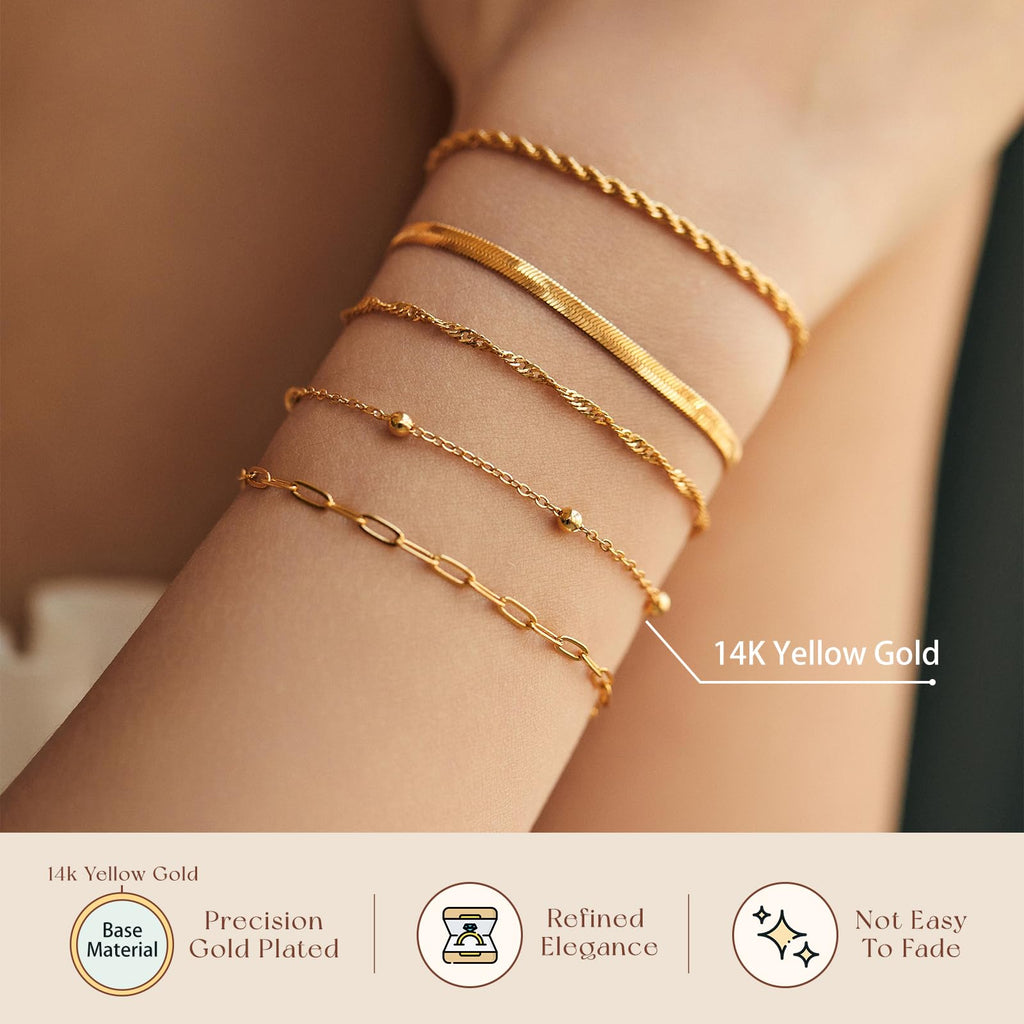 adoyi Gold Bracelets for Women, 14K Gold Plated Stackable Bracelet Stack Set Adjustable Charm Paperclip Chain Cuban Link Layered Waterproof Jewelry Sets Gifts for Womens 6.5 Inch