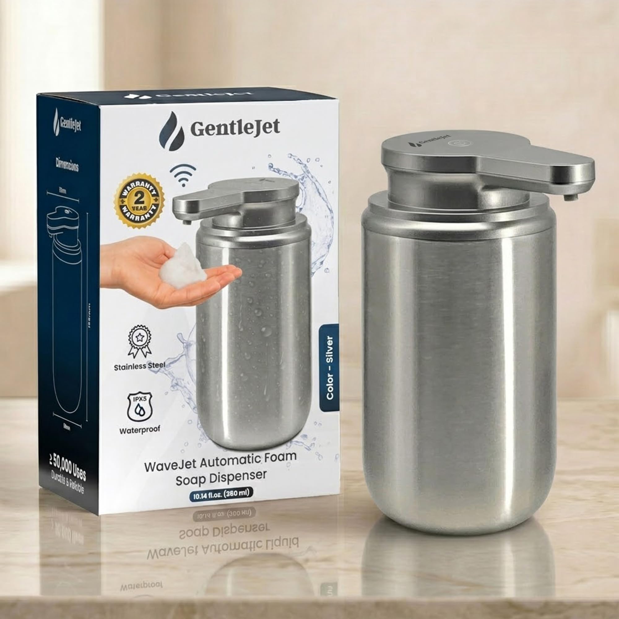GentleJet WaveJet Automatic Foaming Soap Dispenser Touchless Sensor, USB-C Rechargeable, 304 Stainless Steel, IPX5 Waterproof for Bathroom Kitchen Sink, 12 oz / 350 ml