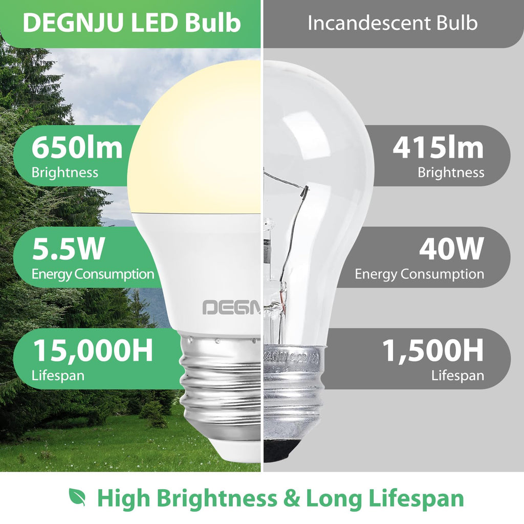 DEGNJU LED Refrigerator Light Bulb, 40W Equivalent, 120V, Fridge Light Bulb 2700K Soft White, A15 Appliance Bulb 5.5W for Freezer, 650LM, E26 Standard Base, 120V, Non-Dimmable, 4 Pack
