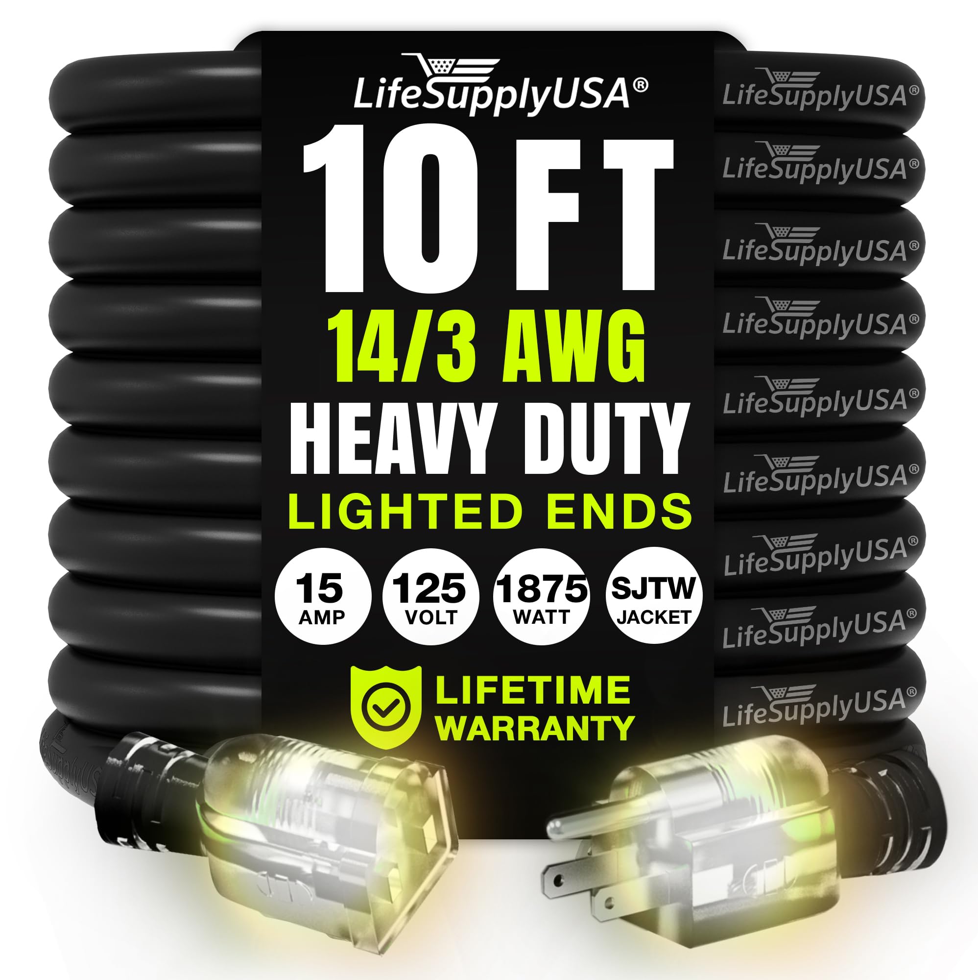 10ft Outdoor/Indoor Extension Cord 14/3 Gauge Heavy Duty 3 Prong SJTW, Waterproof, Flexible Cold-Resistant Long Power Cord,15A 125V 1875W, Black by LifeSupplyUSA