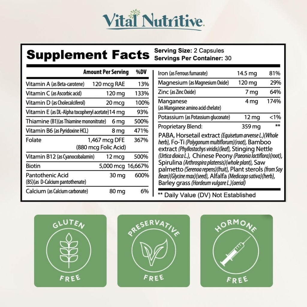 Vital Hair Complex -Hair Growth Vitamins for Women and Men -Biotin & Vitamin B -Hair Growth Supplement for Healthy Hair Skin & Nails -Hormone & Gluten Free -Hair Vitamins for Women