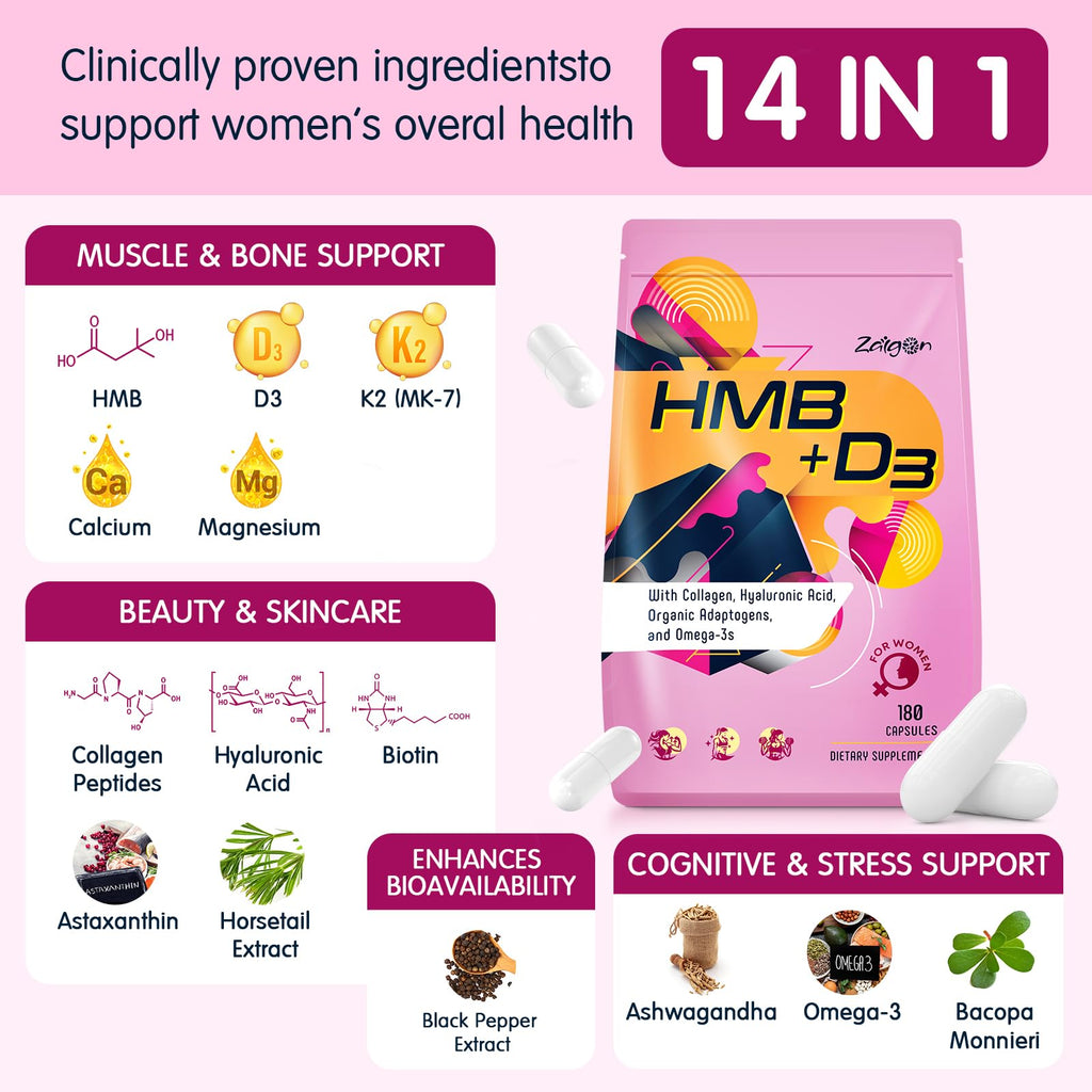 Zaigon HMB Supplements for Women | Vitamin D3 K2, Ashwagandha, Magnesium, Omega 3, Collagen, Biotin, Hyaluronic Acid, Astaxanthin, Calcium | Skin Care, Muscle, Bone & Brain Support | 180 Capsules