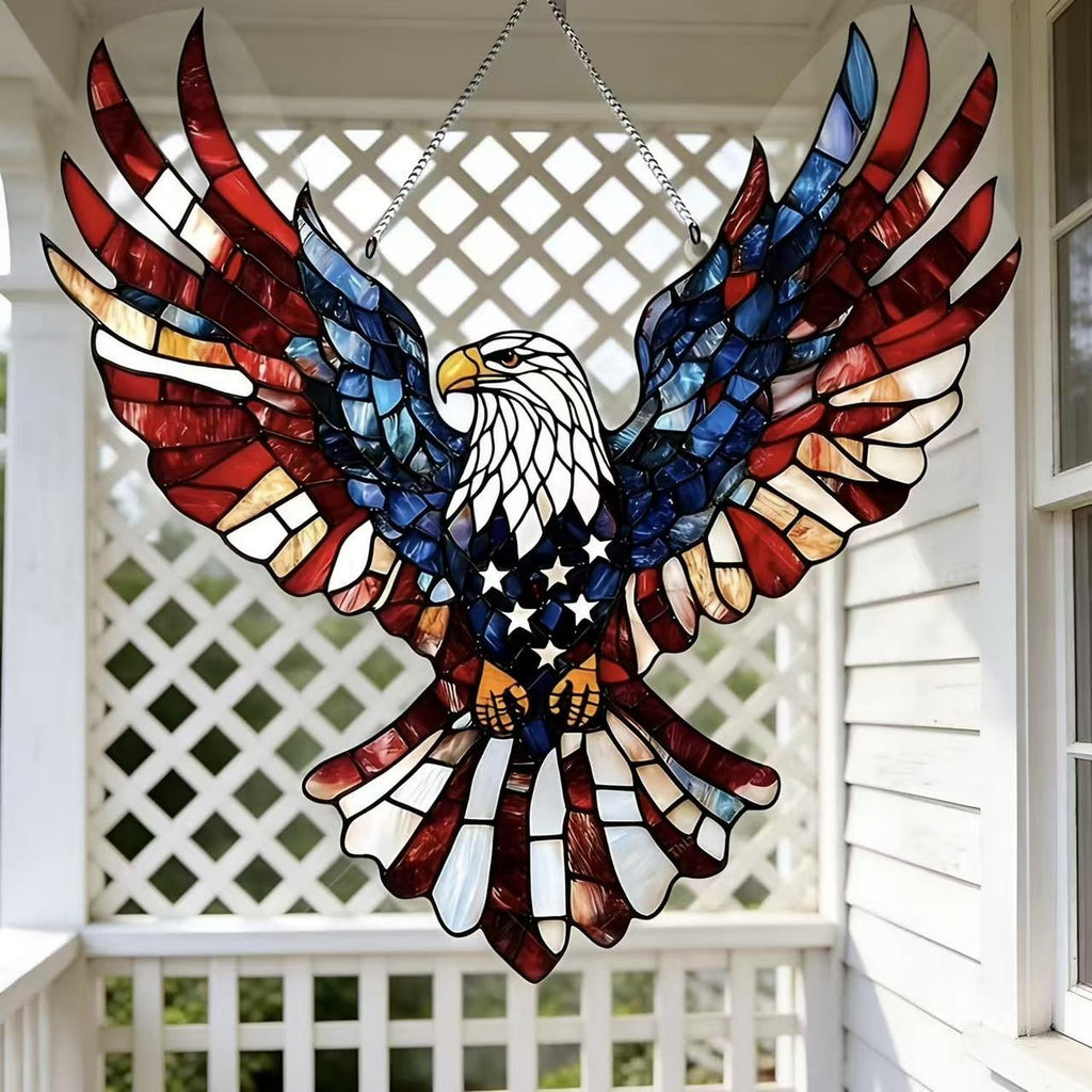 4th of July Sun Catcher for Window Hanging with Eagle Designs Acrylic Stained Glass for Garden 250th Anniversary America Ornament Blue Red White Independence Day Party Decor