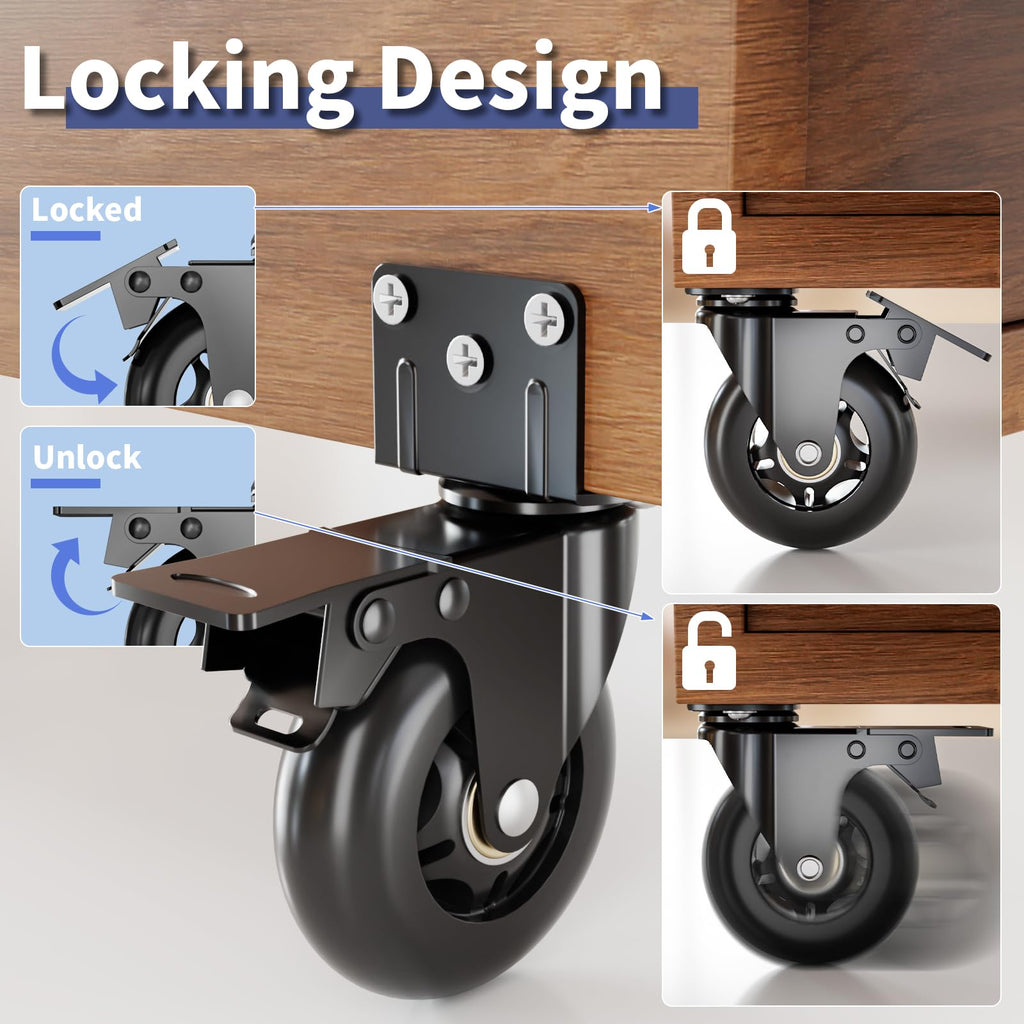 Side Mount Plate Caster Wheels - Thickened L-Shaped Mounting ，Heavy Duty 1200 LBS，Set of 4 with Brake，360° Swivel，Locking，Castor Wheels for Furniture，Carts，Cabinet，Table(Black, 3 inchs)