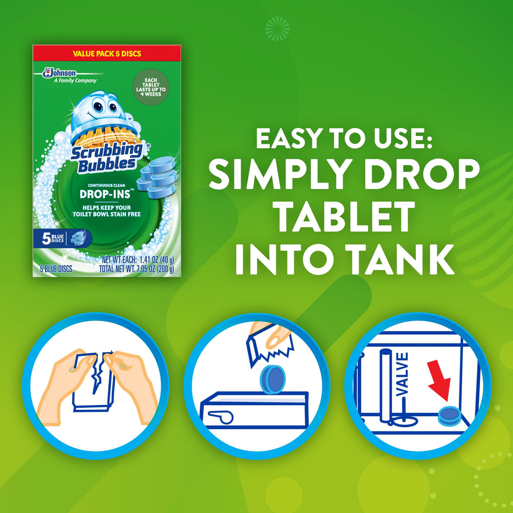 Scrubbing Bubbles Continuous Clean Toilet Drop-Ins, Automatic Blue Toilet Bowl Cleaner, Septic-Safe Tank Tablets Remove Hard Water Minerals & Limescale, Stain & Smell Protection, 5 Count (Pack of 1)