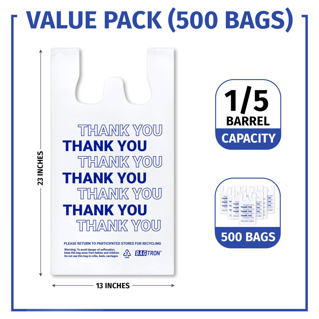Bagtron Thank You T-Shirt Carry-Out Bags, Disposable Plastic Bags with Handles for Shopping and Restaurant, 1/5 Barrel, 0.75 Mils, White/Blue, 13" x 8" x 23" Large, 500 Count