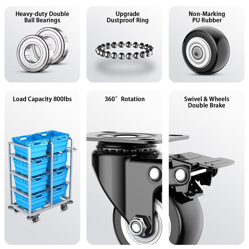 2 Inch Caster Wheels Set of 4, Heavy Duty Casters with Brake, No Noise Locking Swivel Casters with Polyurethane (PU) Wheels, Caster Wheel for Cart, Furniture and Workbench (Two Hardware Include)