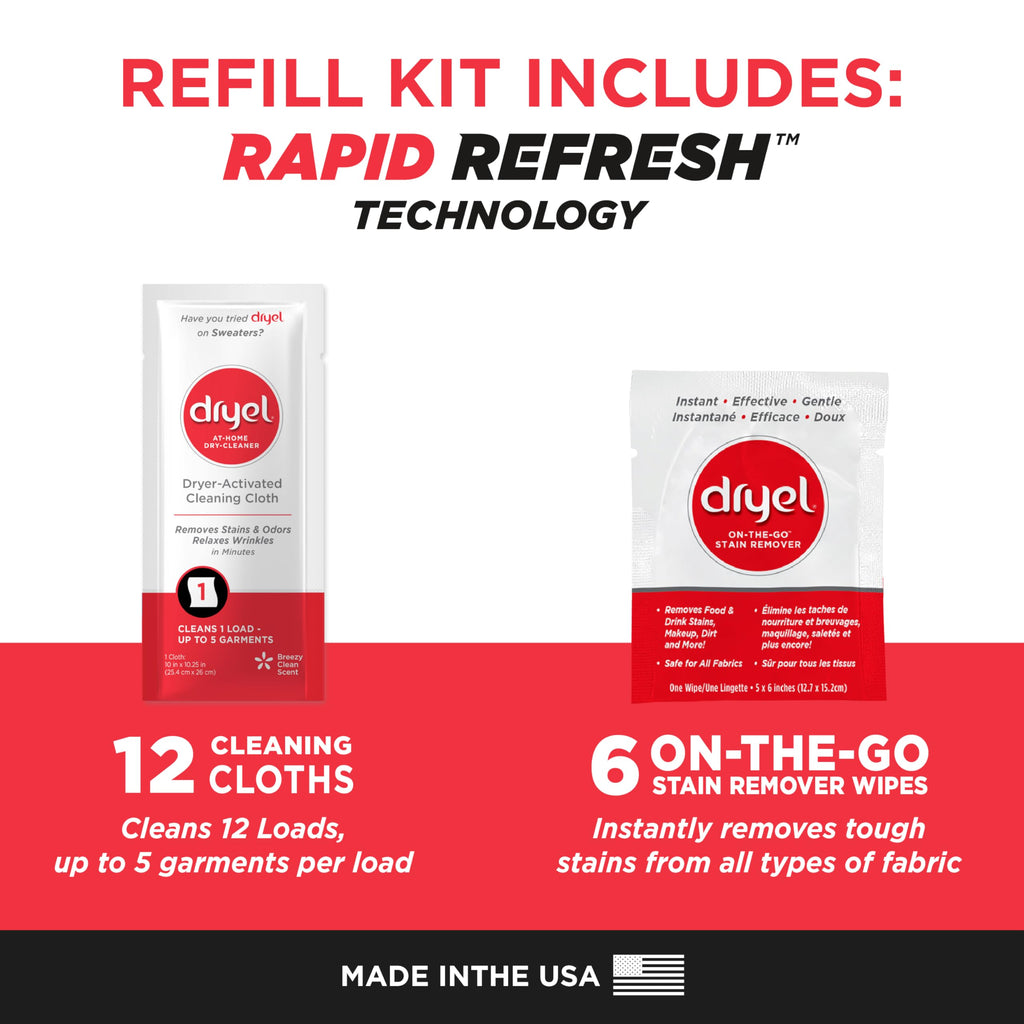 dryel At-Home Dry Cleaner Refill, New and Improved, Gentle Laundry Care for Special Fabrics and Dry-Clean-Only Clothes, 12 Loads with On-the-Go Stain Remover