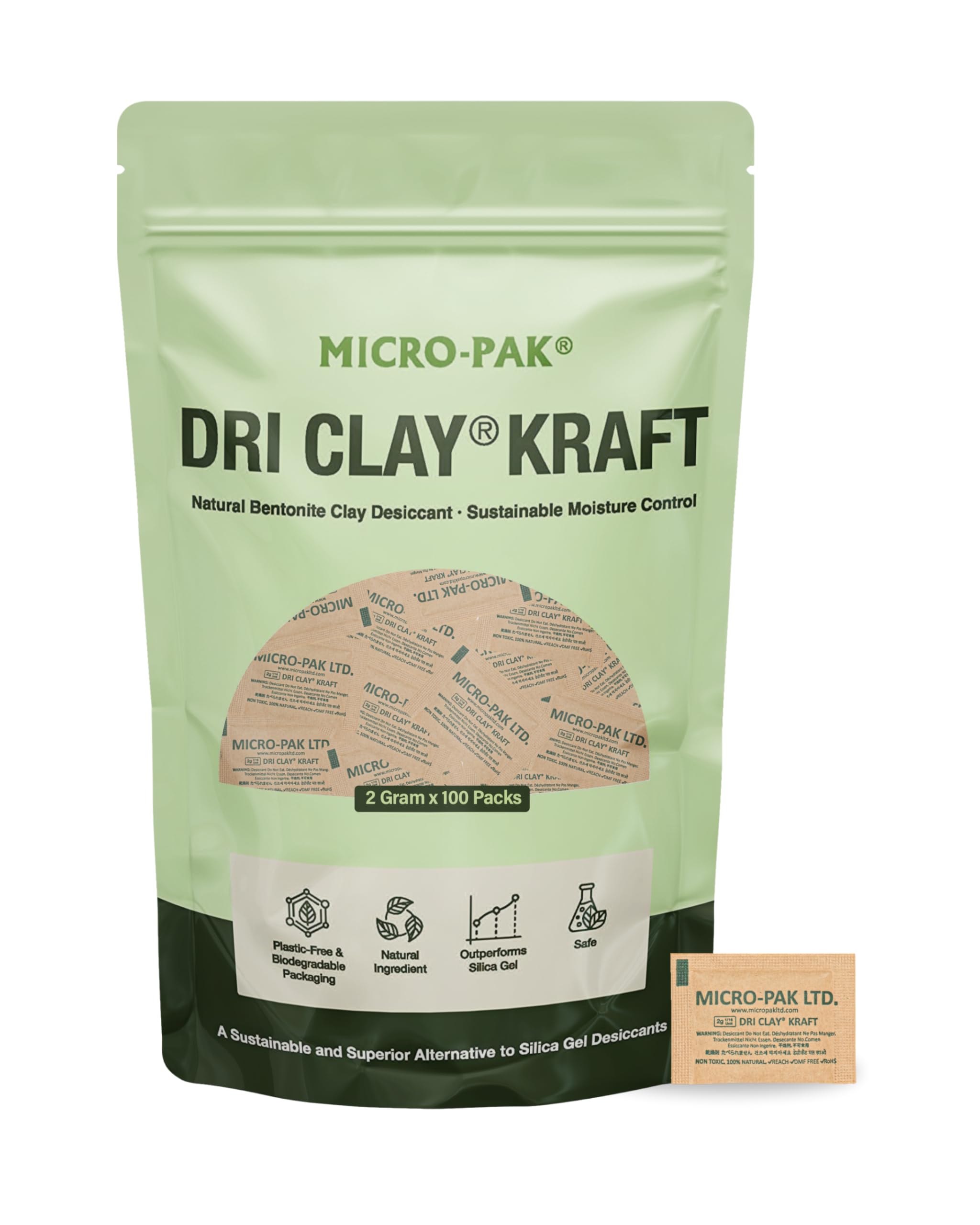 Micro-Pak Dri Clay Kraft, Highest Moisture Absorption Desiccant Packs, Silica Gel Packets Alternative, Food Safe Bentonite Clay, Desiccant Packs for Storage, Moisture Absorbers for Closet, 6gx100pcs
