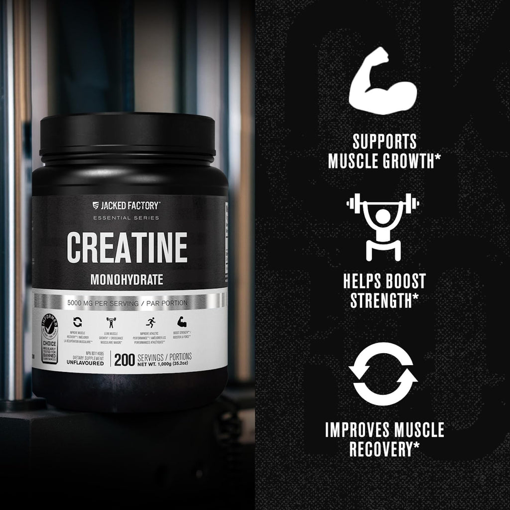 Jacked Factory Creatine Monohydrate Powder 1000g - 5g Daily Creatine Supplement for Men and Women, Vegan-Friendly, Third-Party Tested - 200 Servings, Unflavored