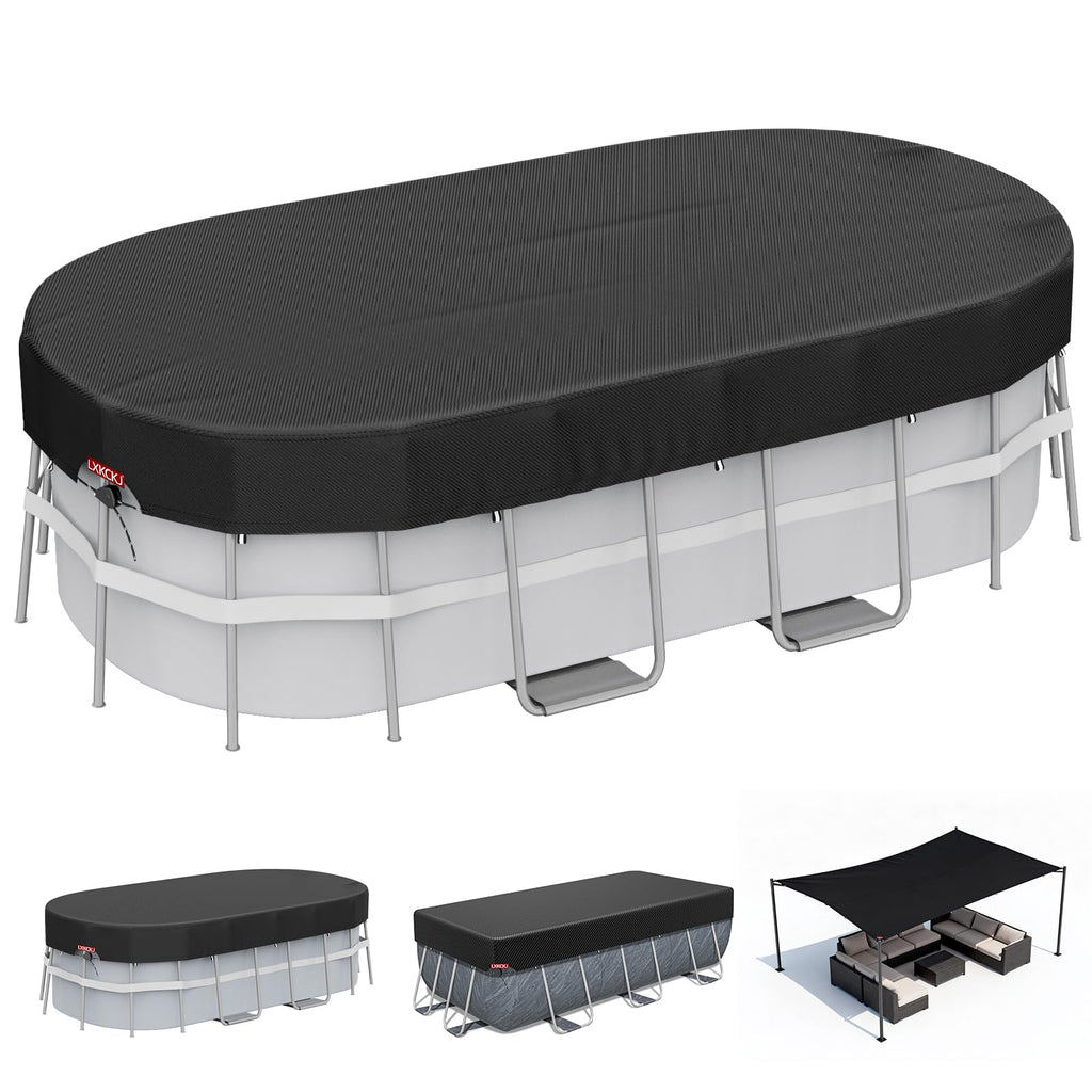LXKCKJ 7x10 FT Rectangular Pool Cover for Above Ground Pool, Solar Oval Pool Cover Protector, Winter Pool Cover with Accessories Set Ideal for Cold and UV Resistant, Dustproof (Black)