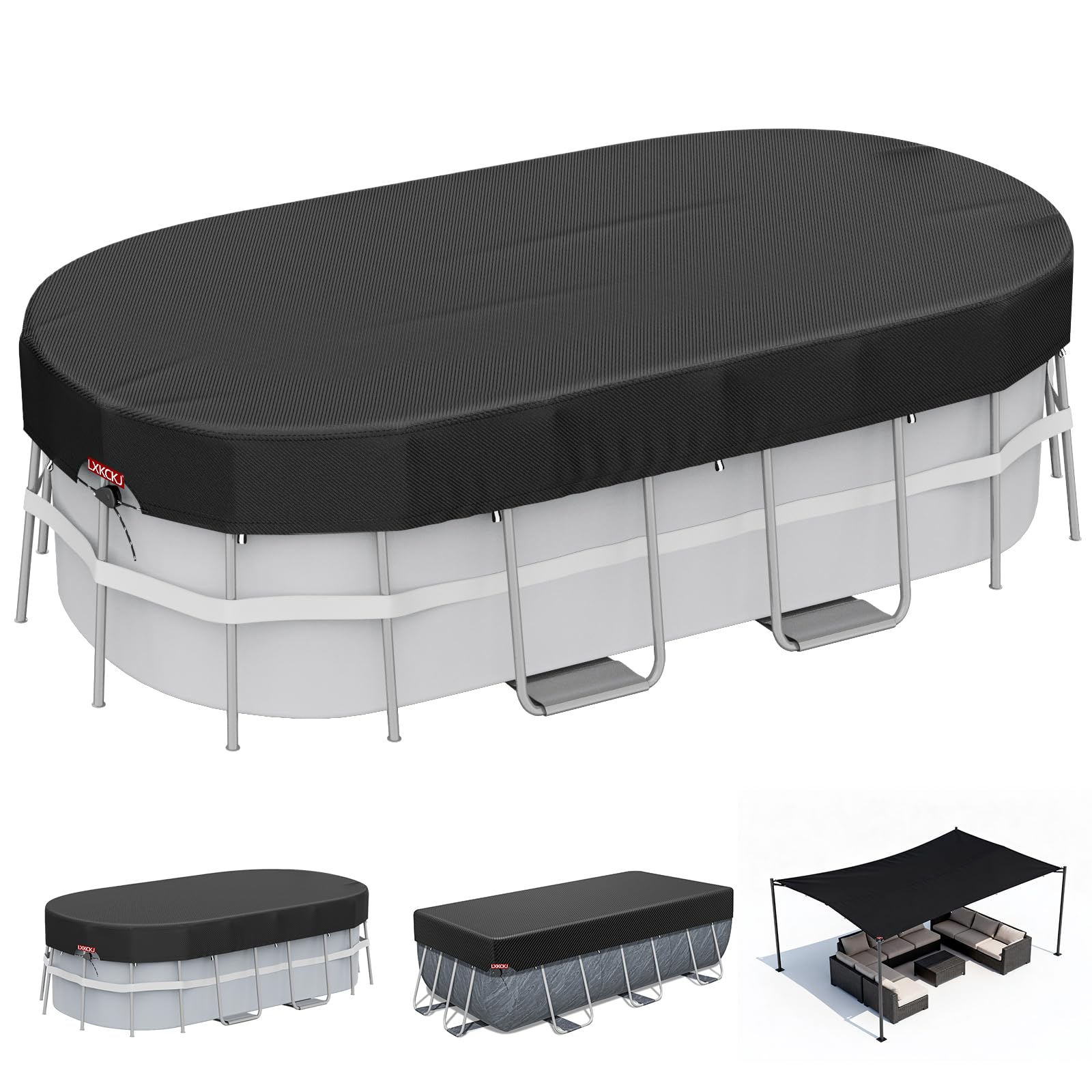 LXKCKJ 7x10 FT Rectangular Pool Cover for Above Ground Pool, Solar Oval Pool Cover Protector, Winter Pool Cover with Accessories Set Ideal for Cold and UV Resistant, Dustproof (Black)