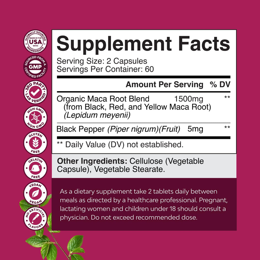 Maca Root Capsules for Women - Potent Herbal Supplement with Female Enhancing Blend of Red Yellow & Black Maca Root - Non-GMO Certified Vegan and Gluten-Free with No Artificial Colors - 120 Count