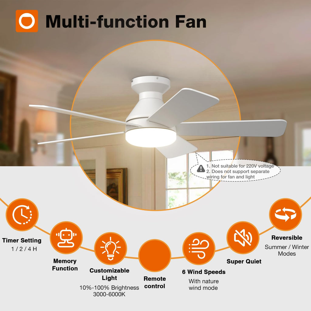 addlon Ceiling Fans with Lights, 42 Inch Low Profile Ceiling Fan with Light And Remote Control, Flush Mount, Reversible, 3CCT, Dimmable, Quiet, White Small Ceiling Fan for Bedroom Indoor/Outdoor Use