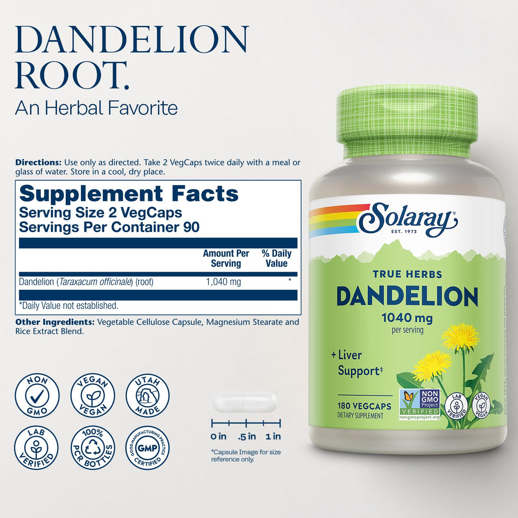Solaray Dandelion Root 1040 mg - Natural Dandelion Root Supplement for Women and Men, Herbal Caps for Health Support, Non GMO Project Verified - 60 Vegan Capsules