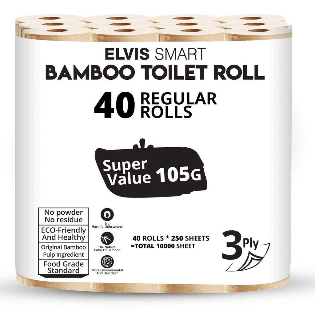 Elvissmart Bamboo Toilet Tissue, 3-Ply, 250 Sheets per Roll, Pack of 40 – Strong and Flexible, Tree-Free, Septic Safe, Natural and Gentle for Comfortable Daily Use