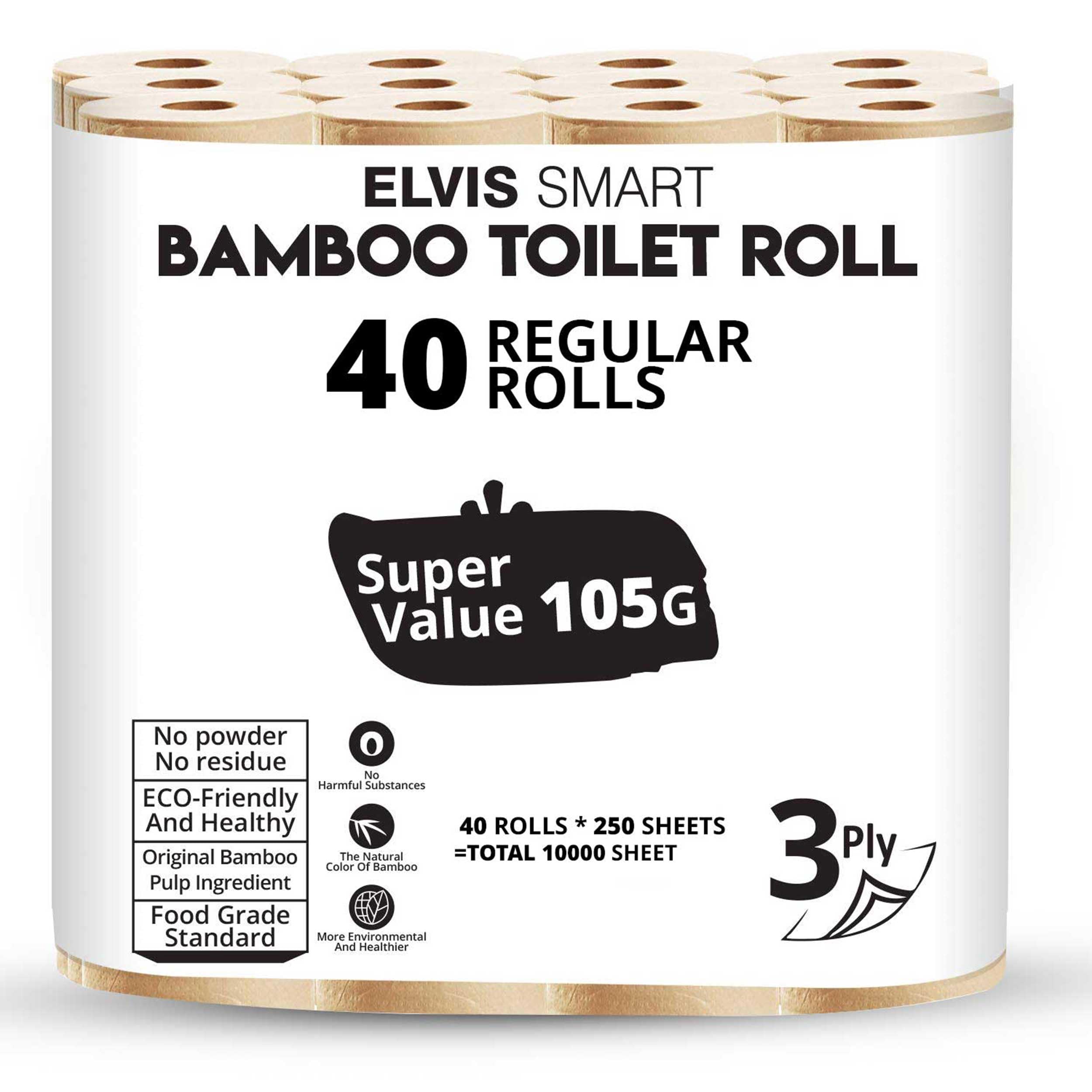 Elvissmart Bamboo Toilet Tissue, 3-Ply, 250 Sheets per Roll, Pack of 40 – Strong and Flexible, Tree-Free, Septic Safe, Natural and Gentle for Comfortable Daily Use