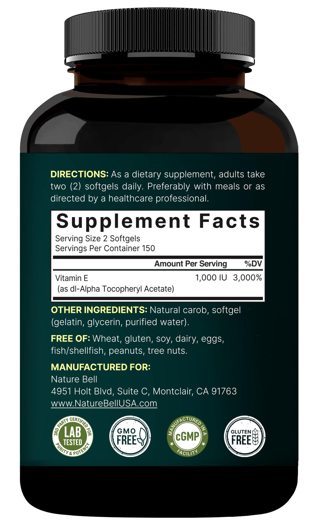NatureBell Vitamin E 1,000 IU Per Serving - 300 Softgels - Antioxidant Supplement for Skin, Heart & Brain Health Support - High Bioavailability* - Gluten-Free & Non-GMO