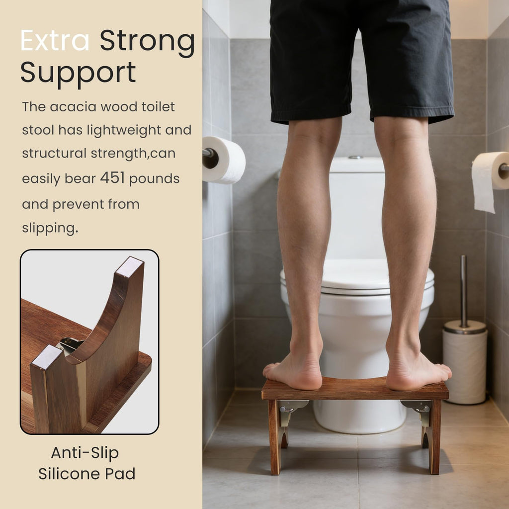 Danfoxer 7 Inches Acacia Wood Toilet Stool Squat for Adults,Foldable Poop Stool for Bathroom,Portable Potty Step Stool with Non-Slip Strip,No Assembly Required