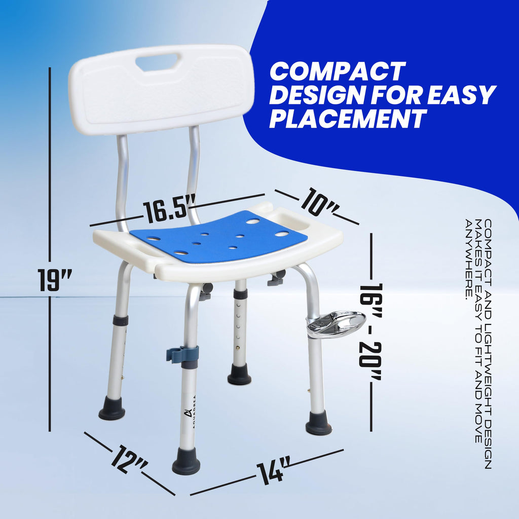 AQUADREA Shower Chair for Inside Shower With Soap box - Height Adjustable Shower Chair for Elderly and Disabled with Removeable Back & Enhanced Non-Slip Feet - Lightweight Aluminum Construction - Blue